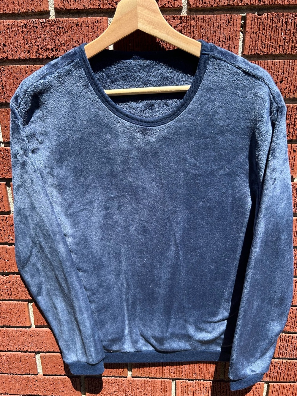 Velour Plush Crewneck Sweater – Navy Blue Cozy Lounge Pullover